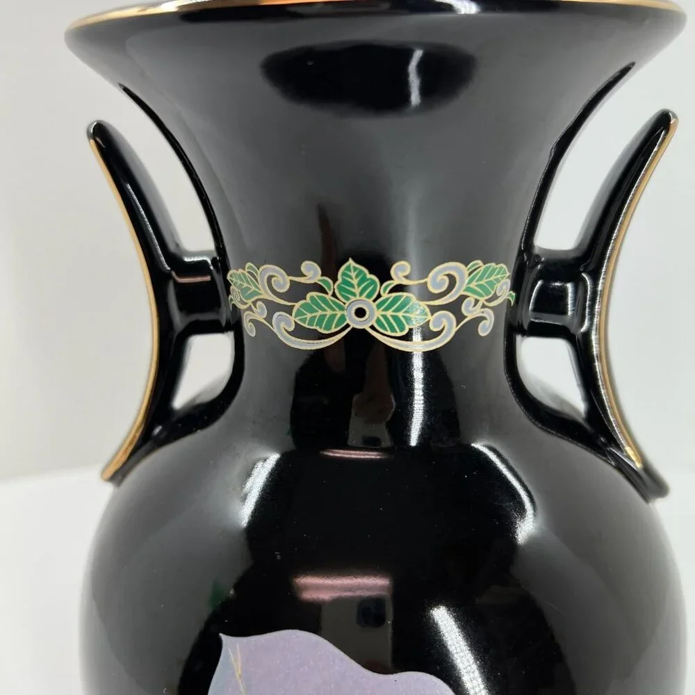 Vintage Japanese Black Floral Vase Calla Lily Vase Gold Trim Dual Handle Decor